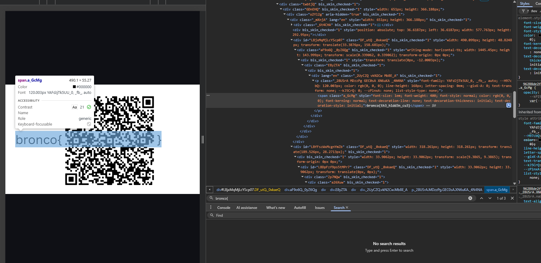 Browser developer tools revealing the BroncoCTF flag over the reconstructed QR code